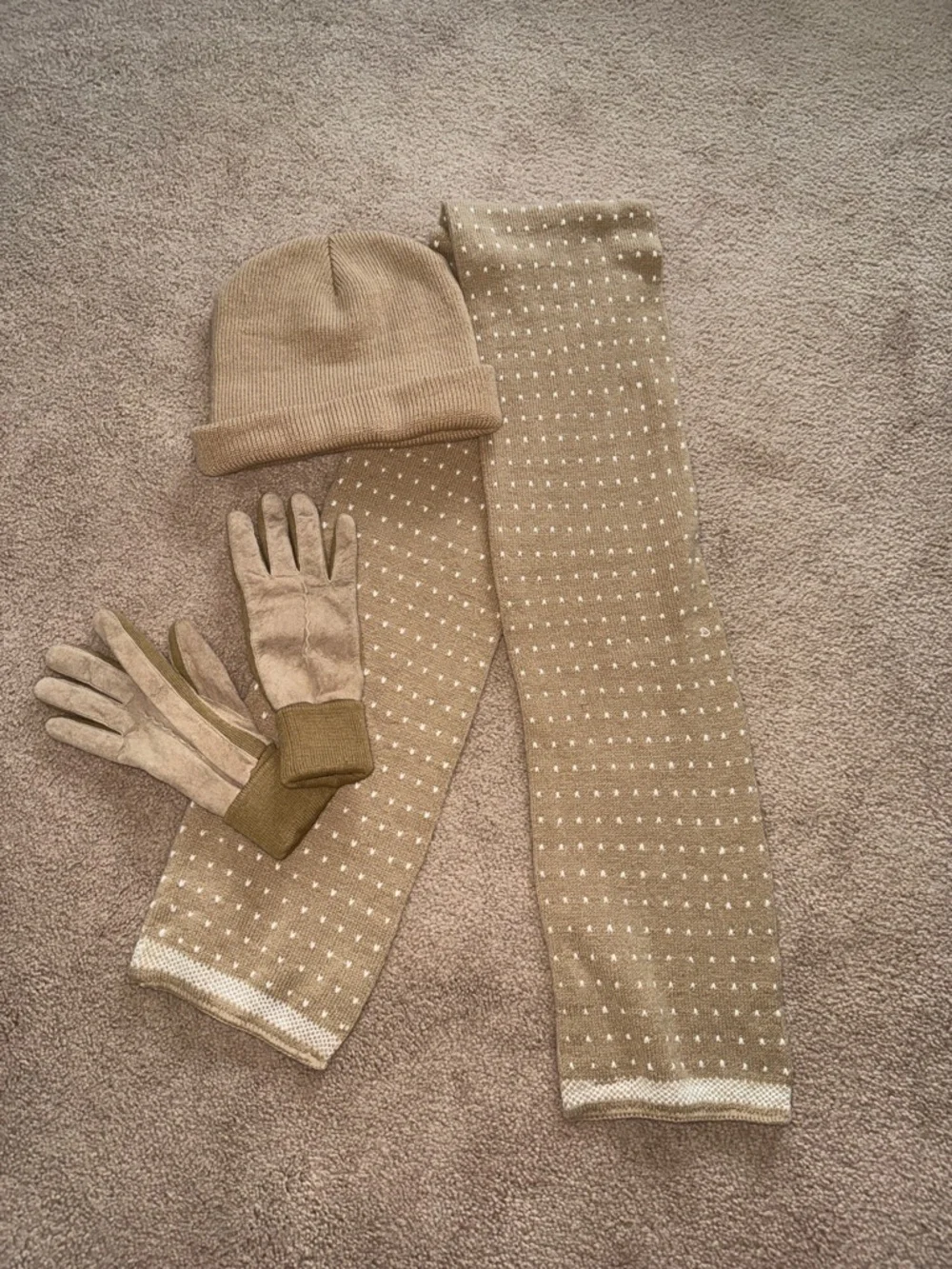 Cozy Neutral Tan Knit Hat, Dotted Scarf & Matching Gloves Set